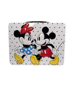 Minnie & Mickey Mouse Tin Lunchbox White Polka Dot Design With Handle & Metal Cl